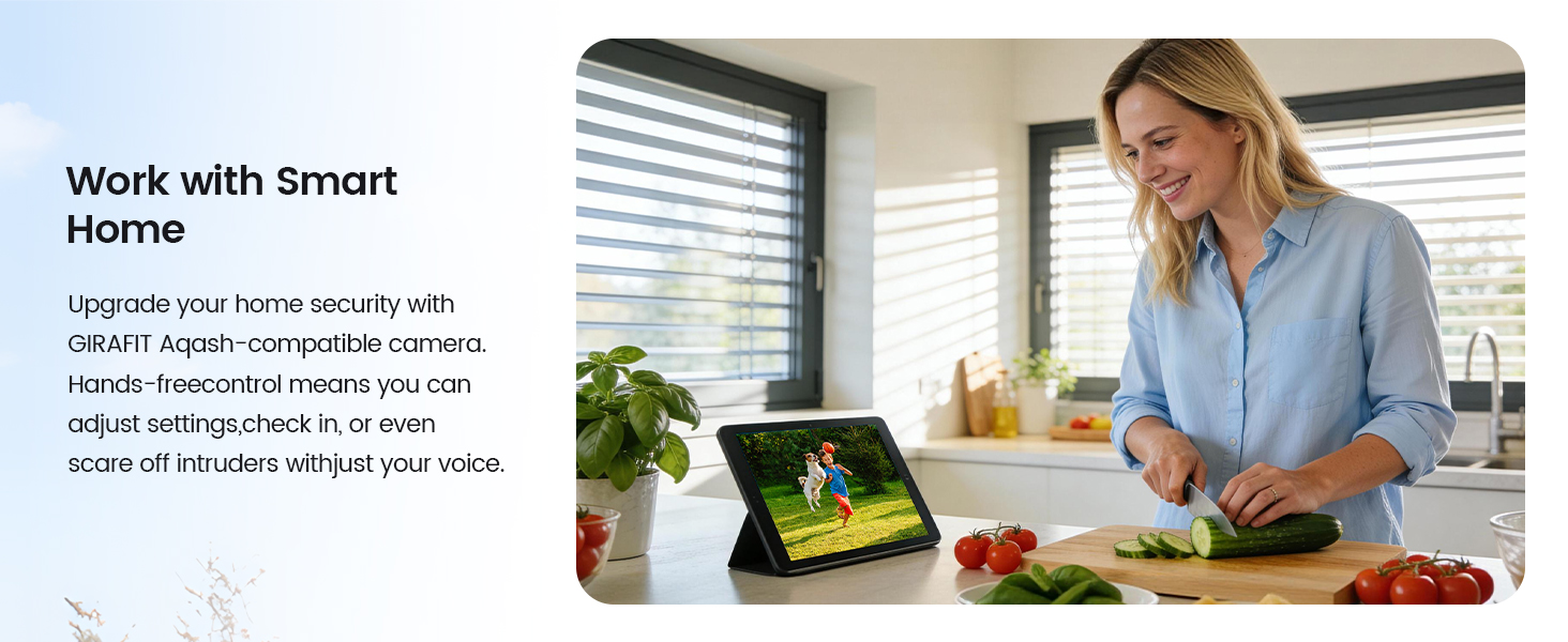 Text: 'Work with Smart Home'. Series of interior scenes showing smart home automation in kitchen and living spaces with mobile device control.
