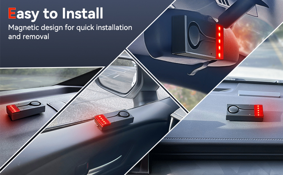 Text reads 'Easy to Install' and 'Magnetic design for quick installation and remove'. Multiple images showing installation process of car mount device with magnetic attachment.