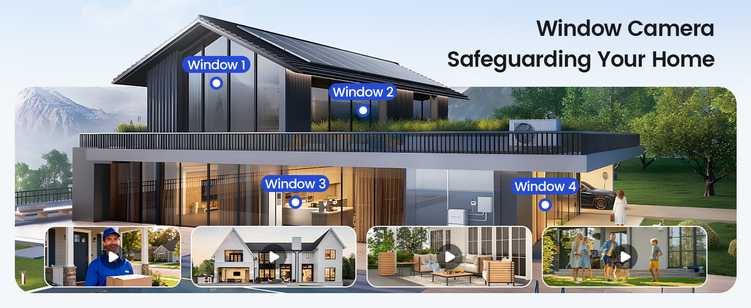 Text reads 'Window Camera Safeguarding Your Home'. Exterior home security marketing image showing house at night with surveillance system interface overlay.