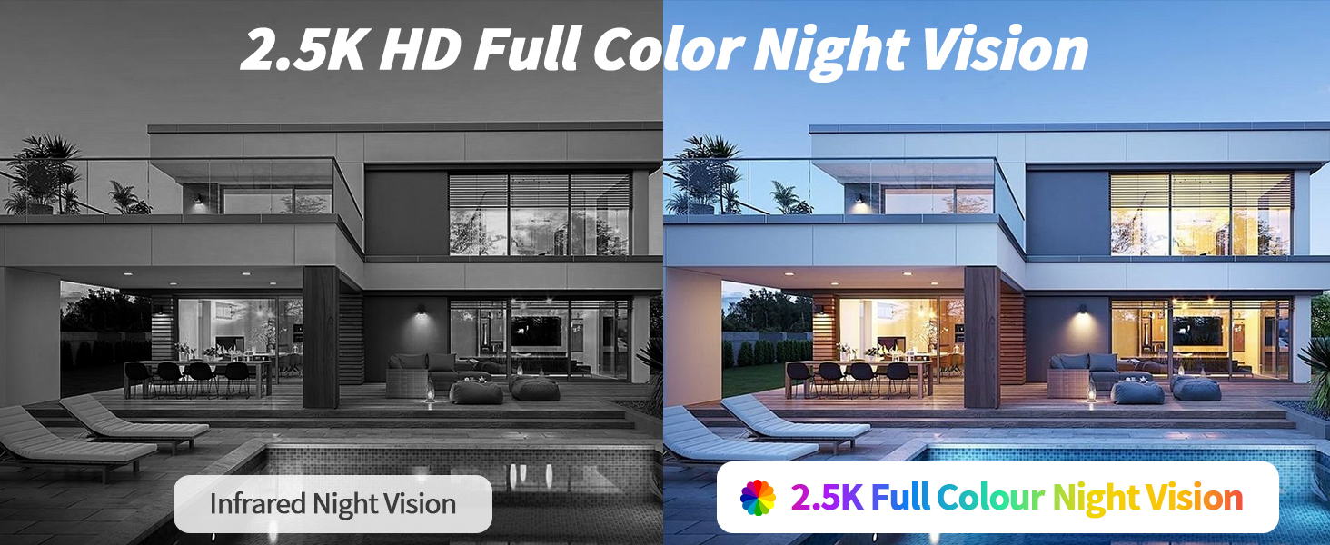Text reads '2.5K HD Full Color Night Vision'. Split image comparison showing modern house exterior at night - left side in infrared night vision, right side in full color night vision.