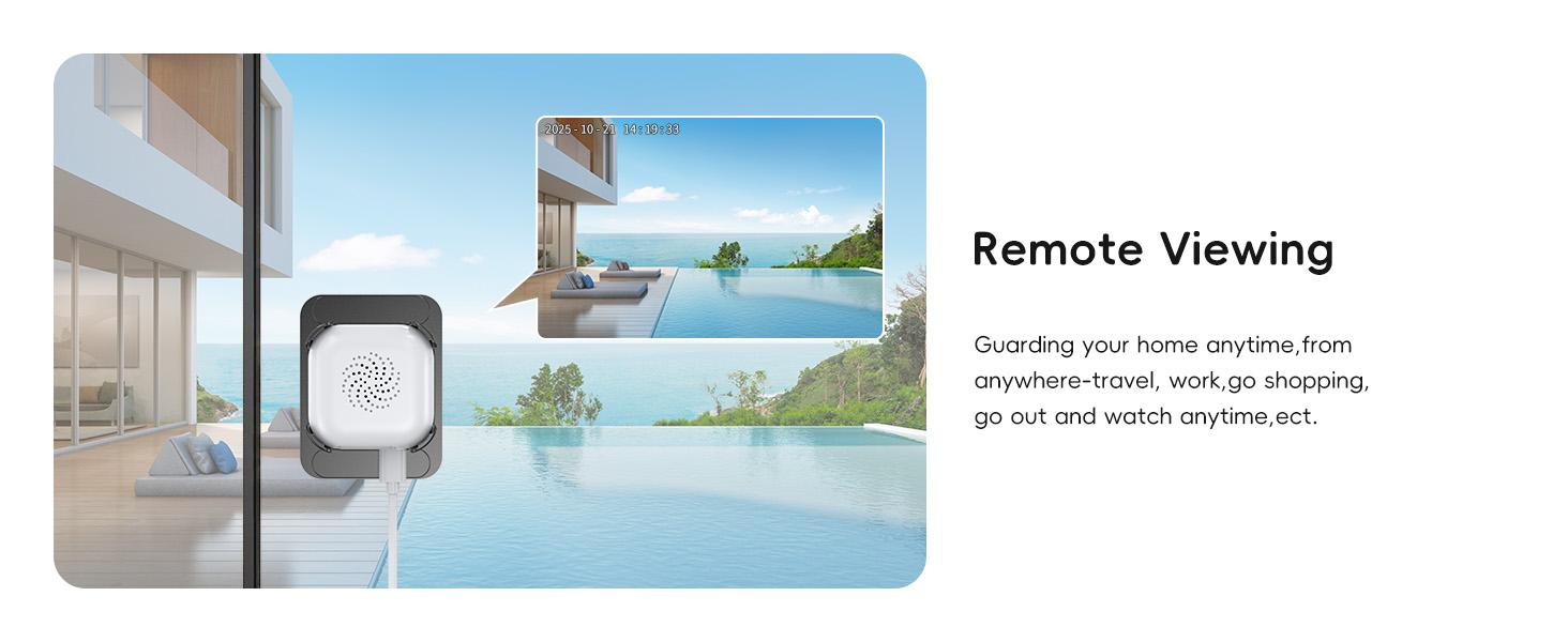 Text reads 'Remote Viewing'. Multiple panels showing surveillance camera views of seaside and interior locations through a mobile interface.