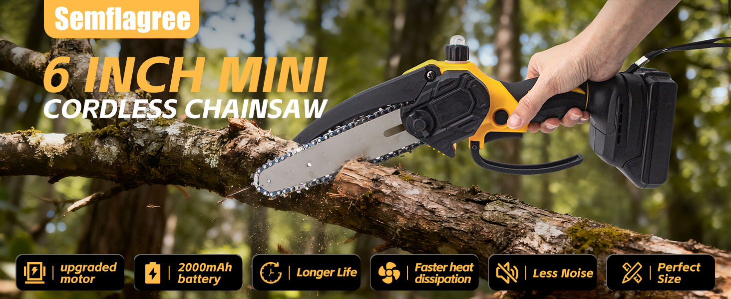 Text reads '6 INCH MINI CORDLESS CHAINSAW'. Features multiple icon indicators showing battery life, lightweight design, and safety features. Shows chainsaw cutting through wood branch.