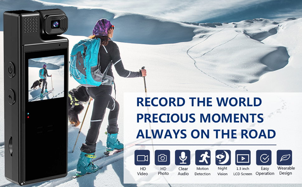 Text reads 'RECORD THE WORLD' and 'PRECIOUS MOMENTS ALWAYS ON THE ROAD'. Marketing banner showing action camera with multiple feature icons and snowboarding scene.
