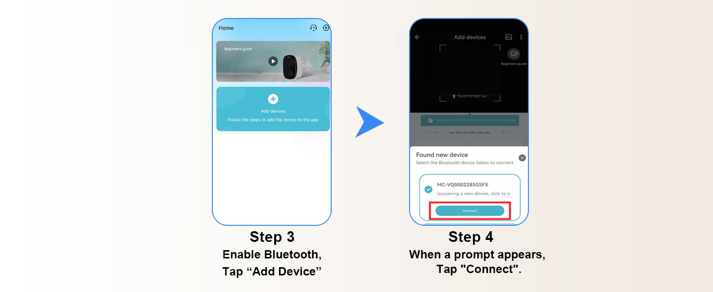 Text reads 'Step 3' and 'Step 4'. Mobile app interface screenshots showing setup steps with blue and white design elements.