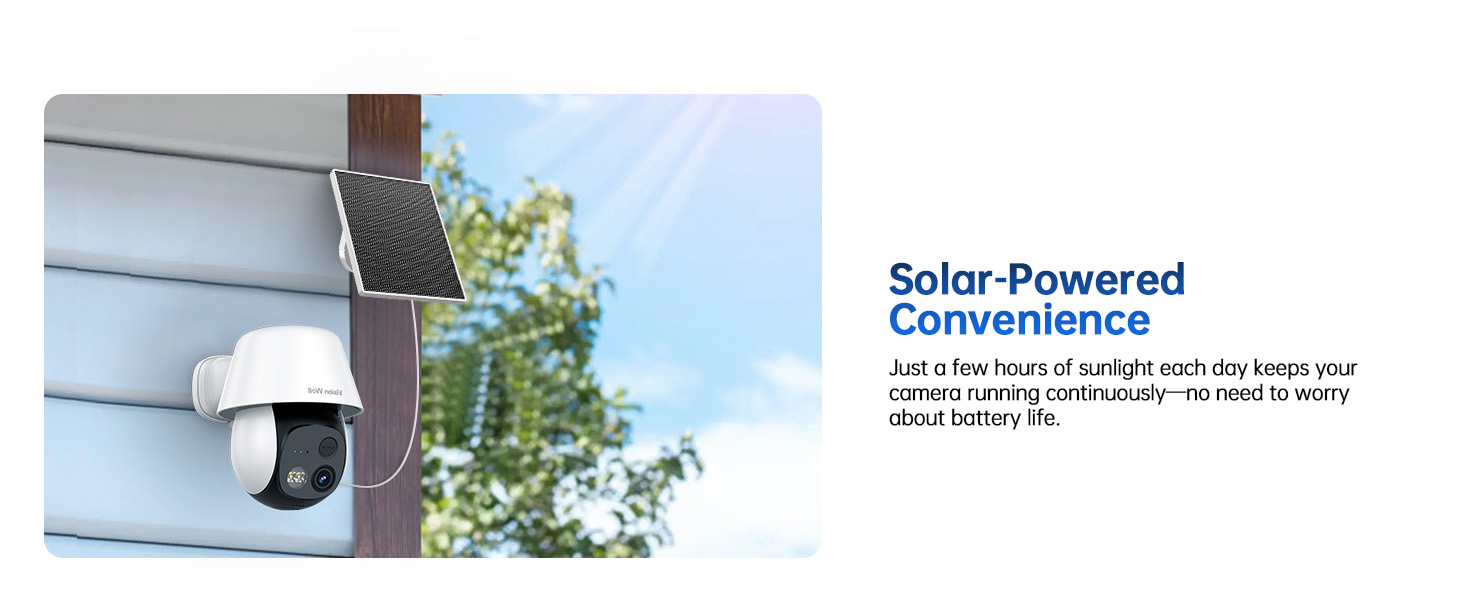 Text reads: 'Solar-Powered Surveillance'. White security camera mounted on exterior wall with solar panel visible.