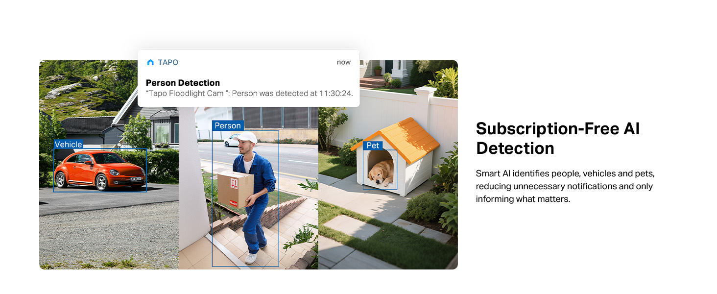 Text reads 'Subscription-free AI Detection'. Multiple images showing outdoor security camera views and mobile app interface screens.