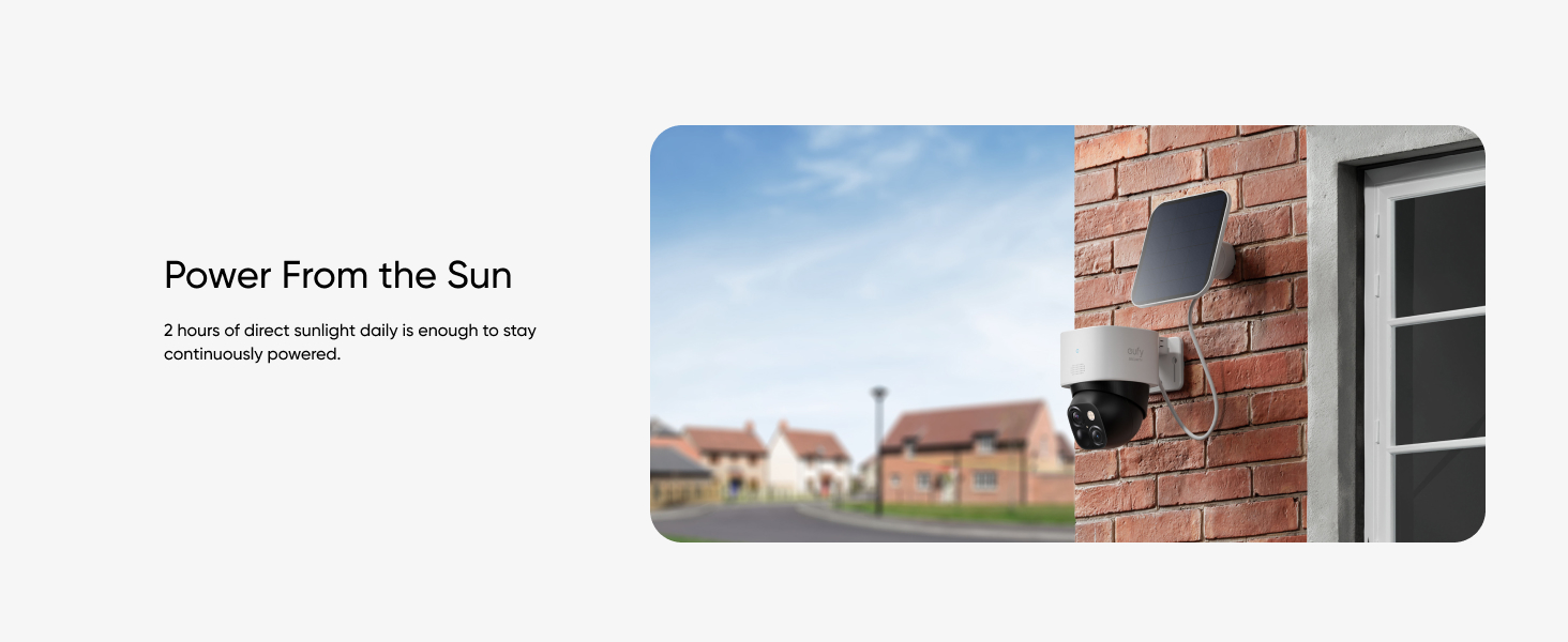 Security camera mounted on brick wall exterior with text 'Power From the Sun', suggesting solar-powered surveillance capabilities.