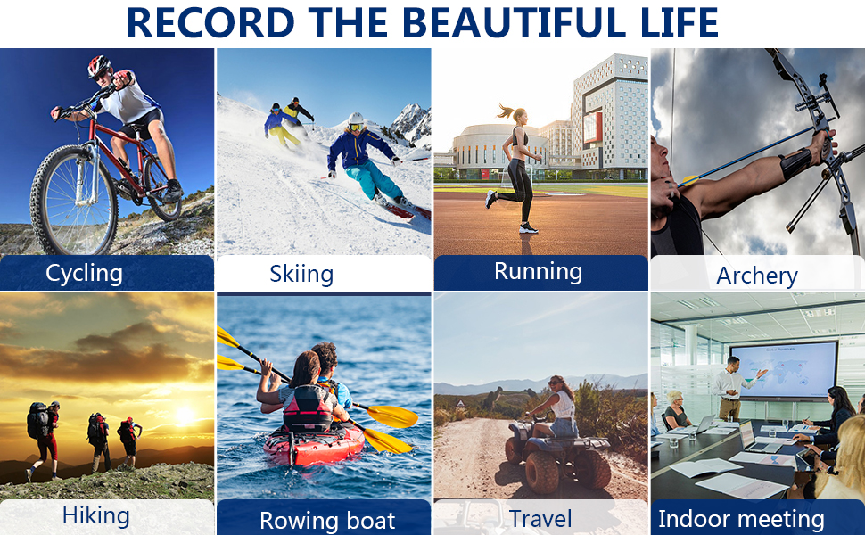 Text reads '4200 mAh Battery 6 Hours Video'. Multiple views of a compact video camera device shown with backpack mount and handheld operation demonstrations.