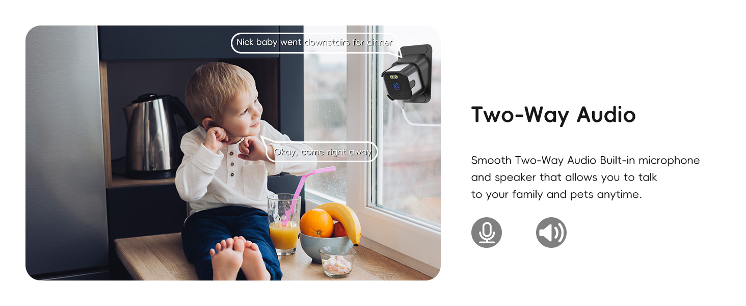 Text reads 'Two-Way Audio'. Multiple images showing baby monitor setup and usage scenarios with interface displays.