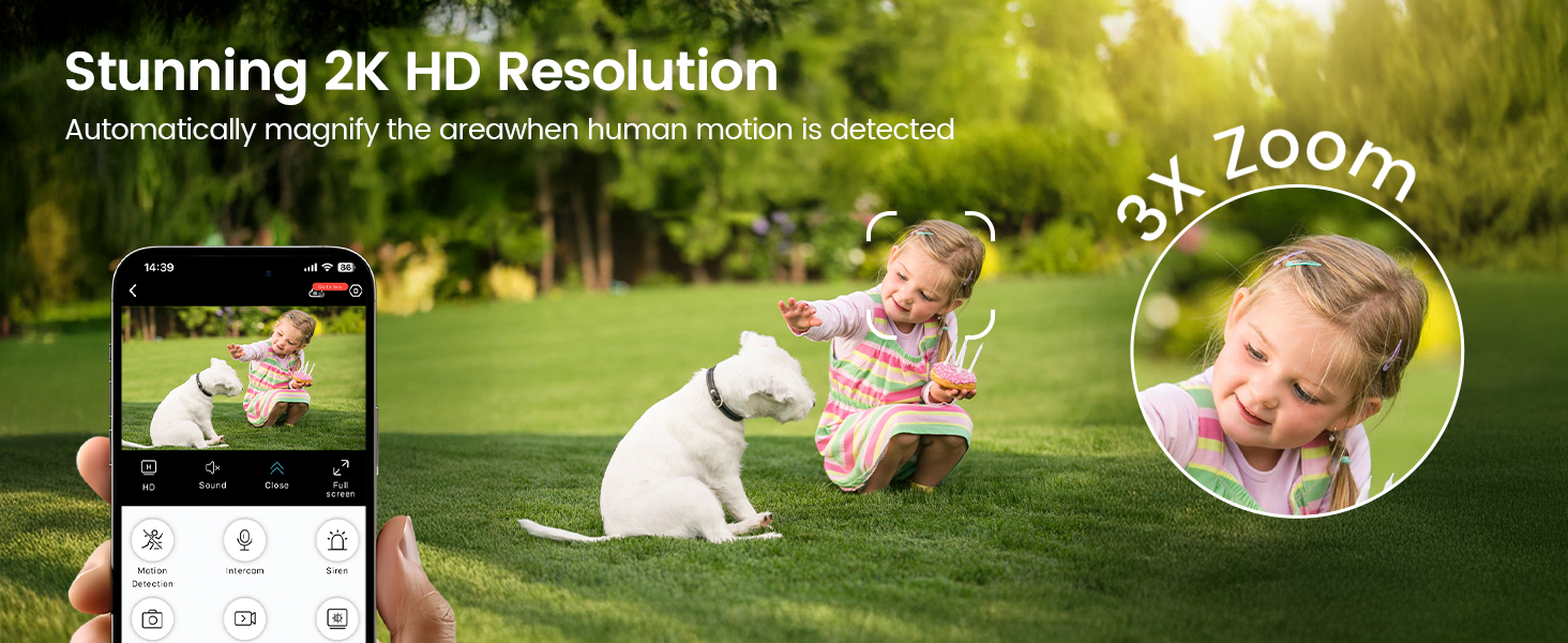 Text reads: 'Stunning 2K HD Resolution', '3X ZOOM'. Mobile app interface showing camera view with zoom feature displayed against outdoor background.