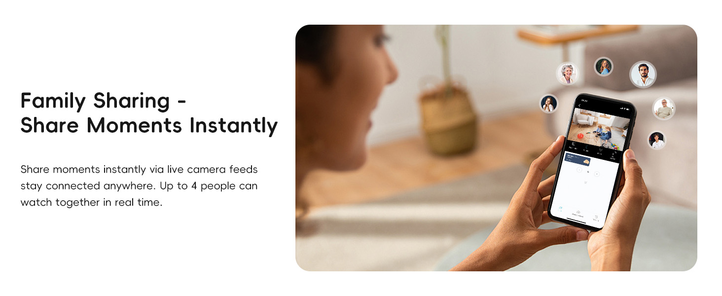 Text reads 'Family Sharing - Share Moments Instantly'. Shows hands holding mobile devices demonstrating sharing functionality.