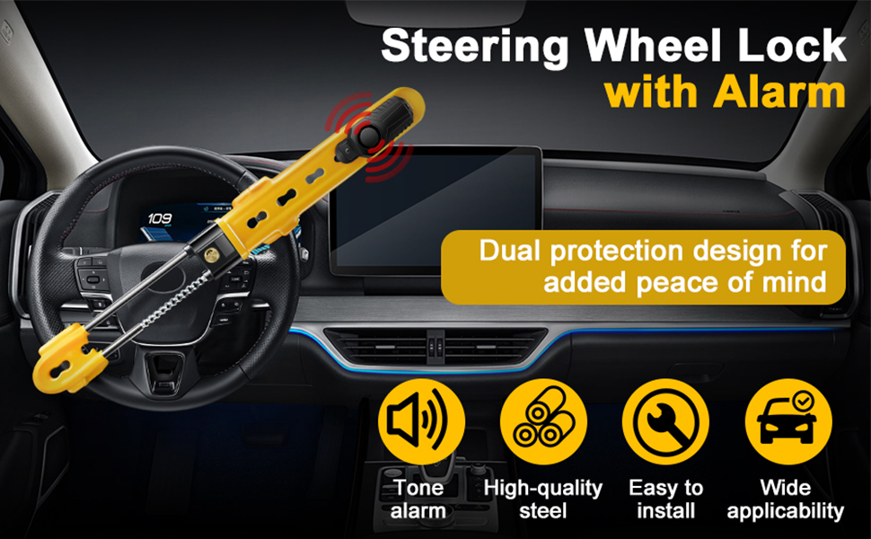 Text reads 'Steering Wheel Lock with Alarm'. Product demonstration showing yellow anti-theft steering wheel lock with alarm system. Icons indicate features like trigger alarm and dual protection design.