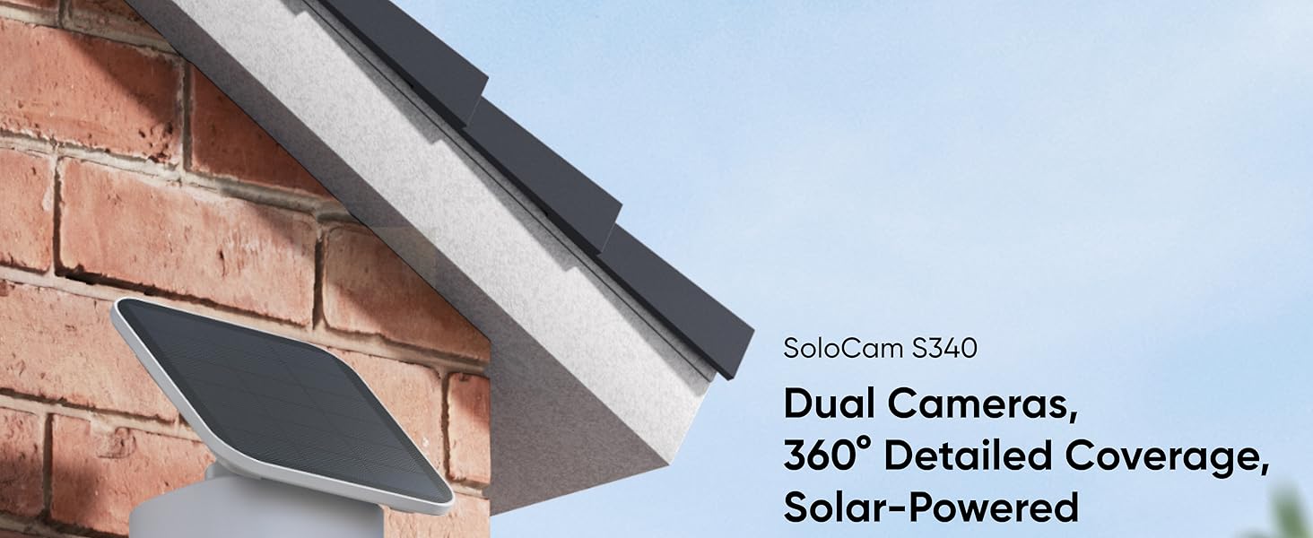 SoloCam S340 security camera mounted under eaves, featuring dual cameras and solar-powered operation with 360-degree coverage capability.