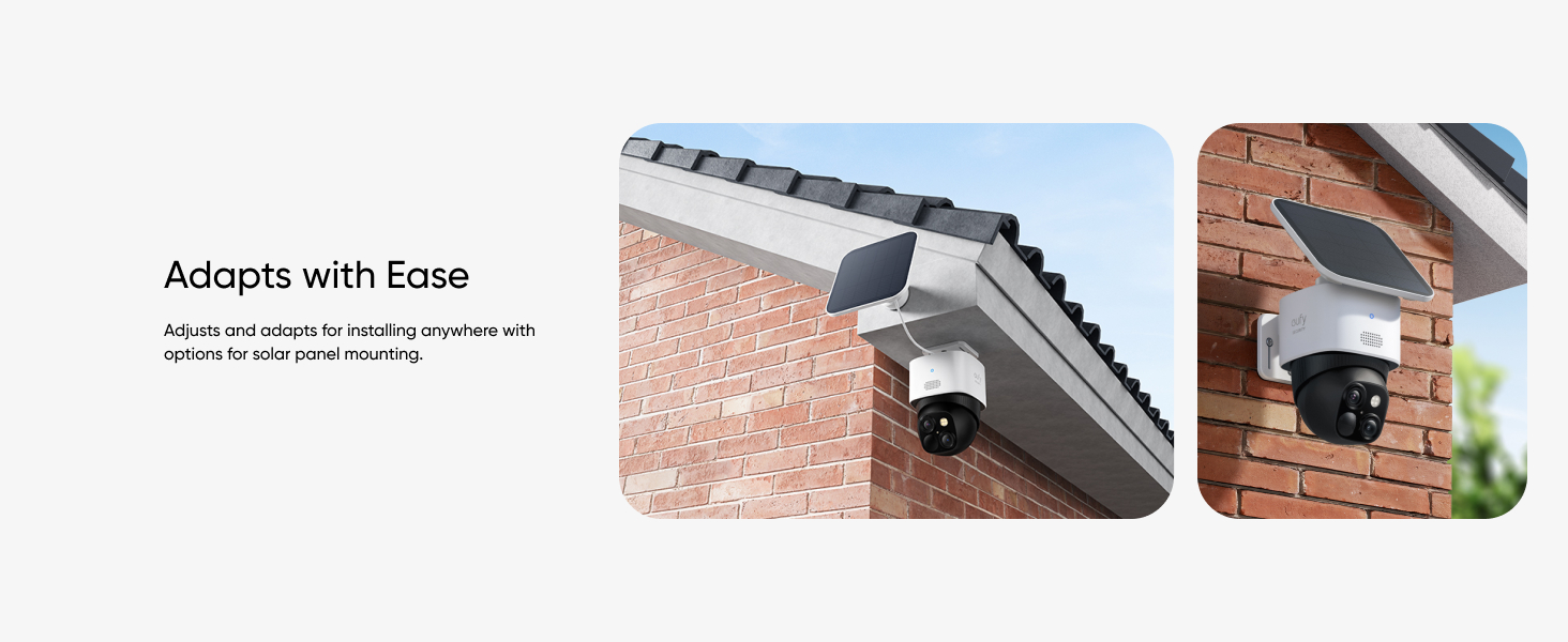 Two security cameras mounted on brick exterior walls - one under eaves with shingles and another on a corner wall, showing flexible mounting options.