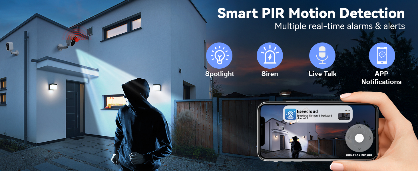 Text: 'Smart PIR Motion Detection'. Series of images showing motion detection functionality at night, with interface icons displaying different detection modes.