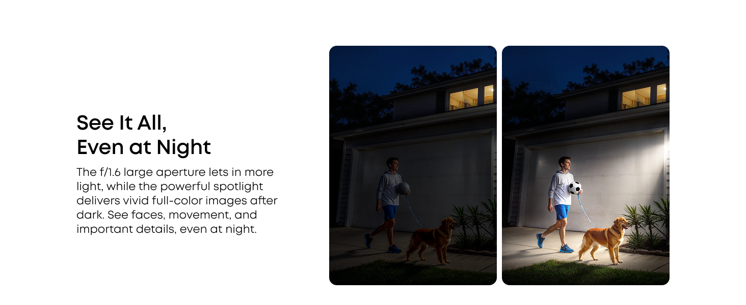 Text reads 'See it ALL, Even at Night.' Two side-by-side nighttime photos showing illuminated outdoor scenes with camping or recreational context.