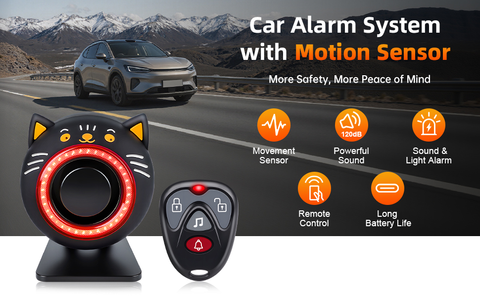 Text reads 'Car Alarm System with Motion Sensor'. Digital interface display showing various vehicle security icons and indicators in red and white.