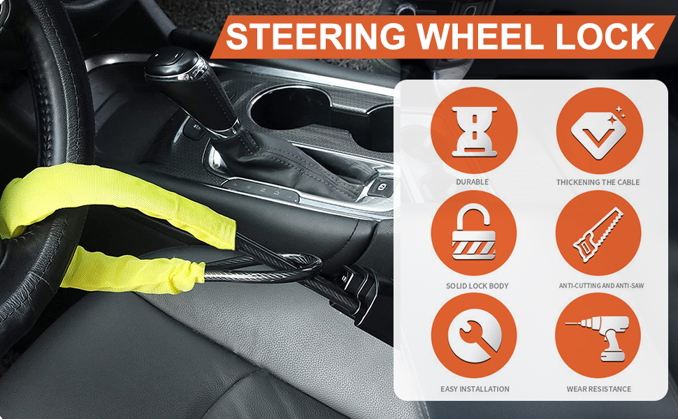 Text reads 'STEERING WHEEL LOCK'. Automotive security diagram showing installation steps with orange icons indicating different security features.