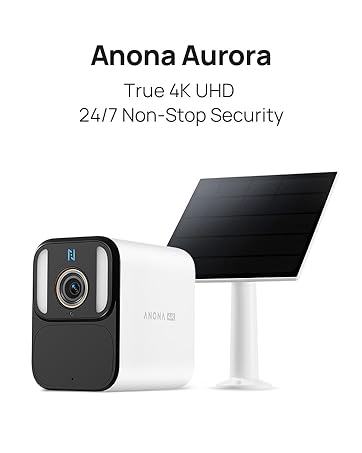 Text reads 'Anona Aurora 2 Pack', 'True 6K UHD', '24/7 Non-Stop Security'. Product shows security camera system with two black cameras and mounting equipment against white background.