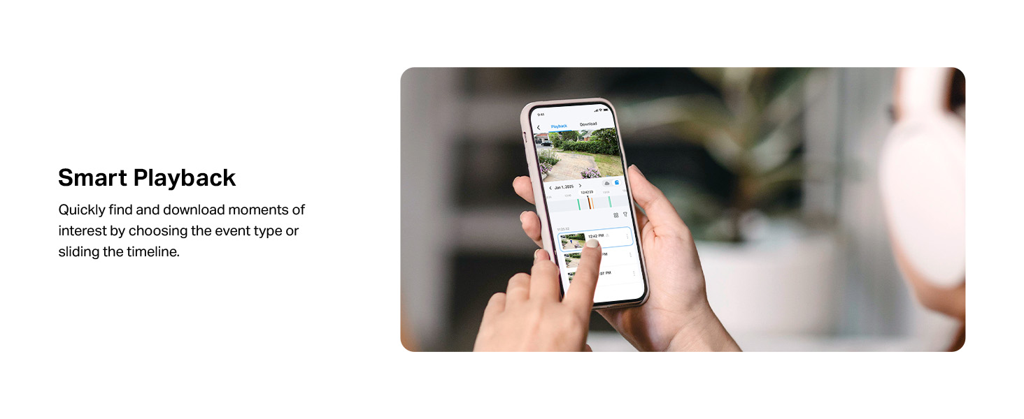 Text reads 'Smart Playback'. Smartphone interface showing video playback screen with timeline controls.