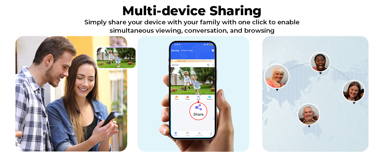 Text reads 'Simply share your device with your family with one click to enable simultaneous viewing, conversation, and browsing'. Interface demonstration of multi-device sharing feature.