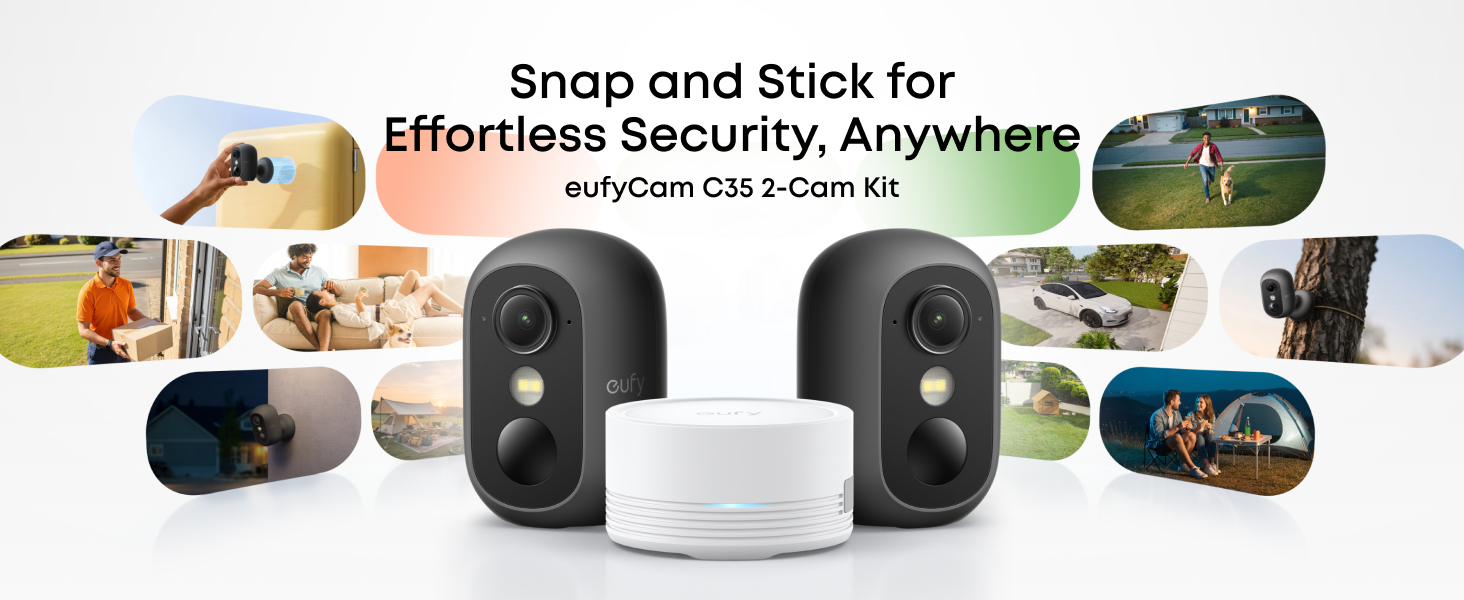 Text reads 'Snap and Stick for Effortless Security, Anywhere'. Multiple security cameras and mounting options shown in lifestyle settings.