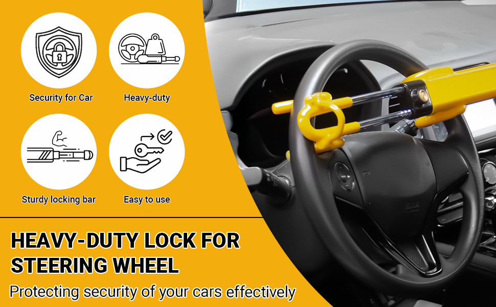 Text reads 'HEAVY-DUTY LOCK FOR STEERING WHEEL'. Product demonstration images showing installation steps of a yellow steering wheel lock with security icons.