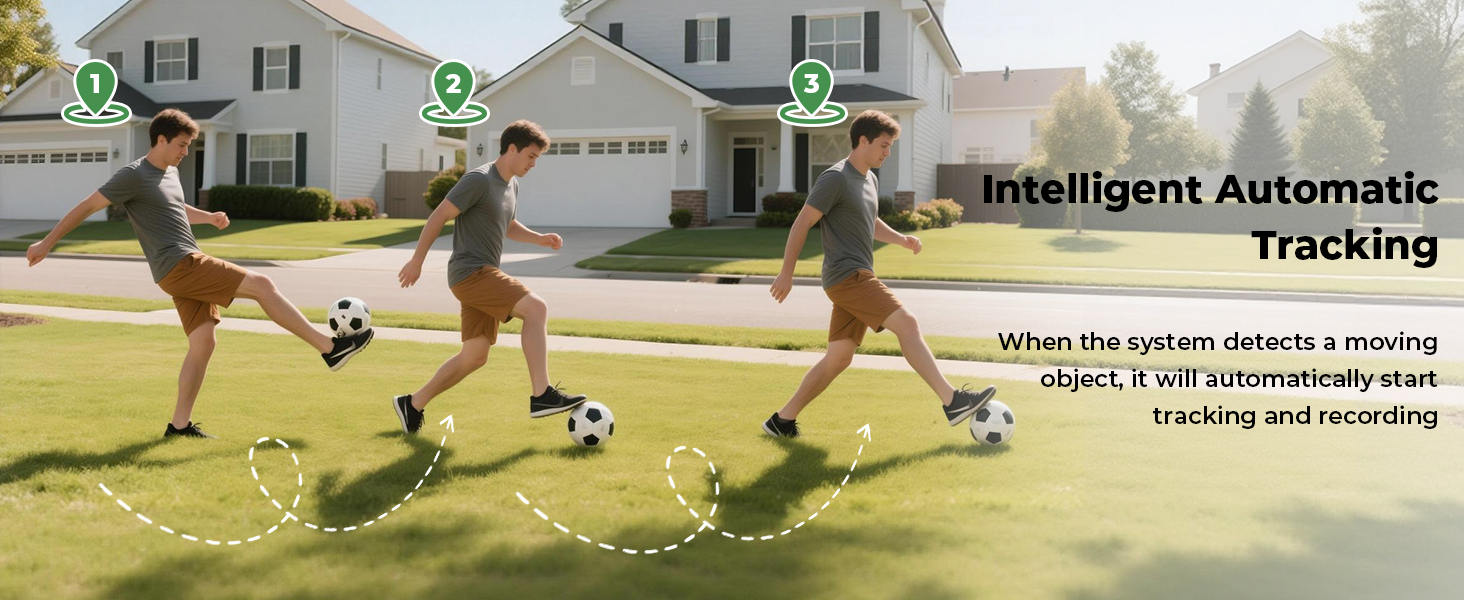 Text reads 'Tracking' and 'Intelligent Automatic'. Sequential images showing soccer players on a field with tracking visualization overlay demonstrating motion detection.