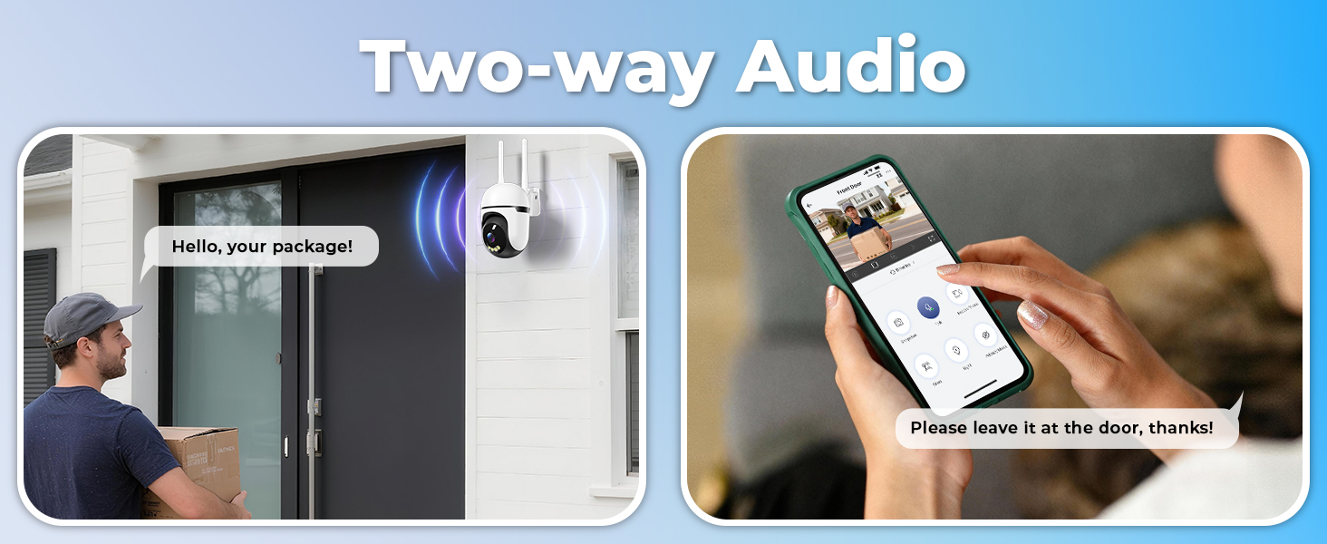 Text reads 'Two-way Audio'. Multiple smartphone interface screenshots showing audio communication features and settings.