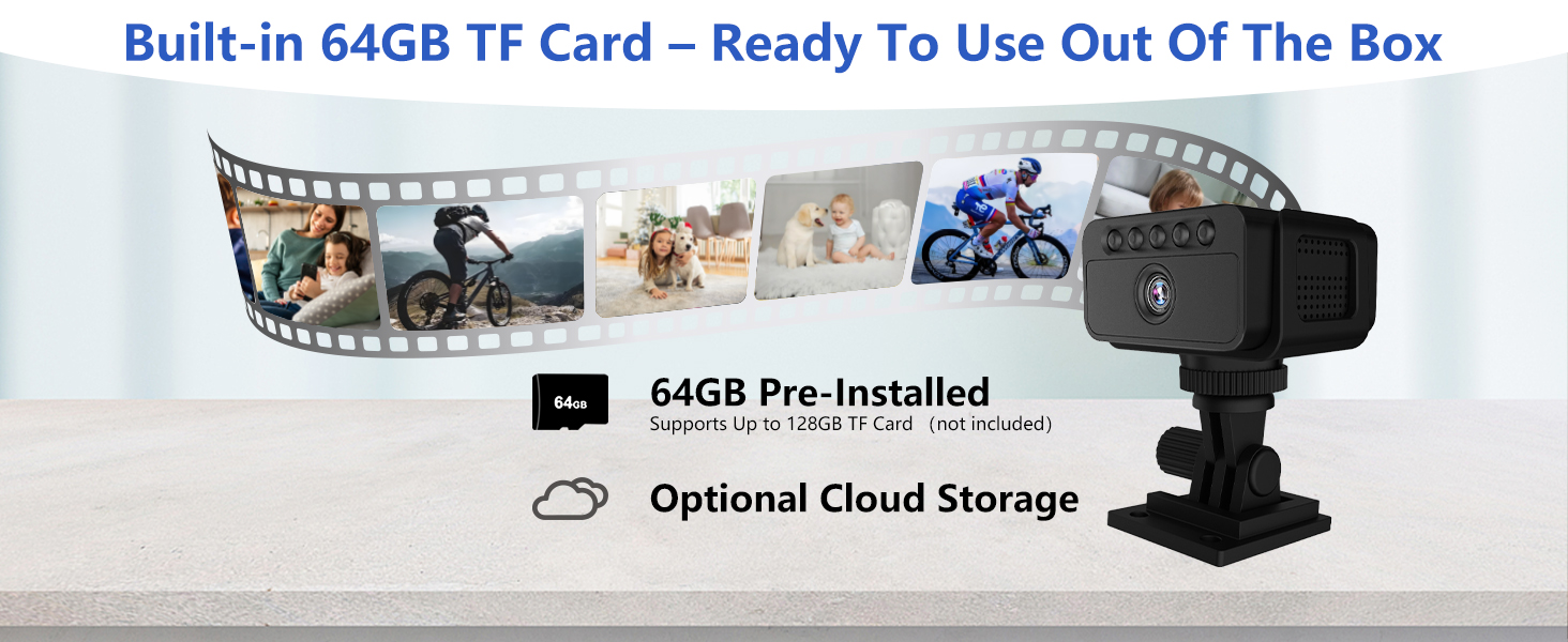Text reads 'Built-in 64GB TF Card - Ready To Use Out Of The Box' Electronic security camera system display showing interface, camera views, and cloud storage options.