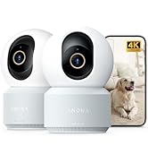 Multiple images showing a white smart home security camera with 4K capability. Device shown from different angles displaying modern, sleek design with rounded edges.