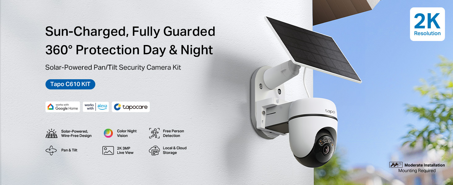 Text reads 'Sun-Charged, Fully Guarded 360° Protection Day & Night'. Security camera product shots showing white dome-style cameras from multiple angles.