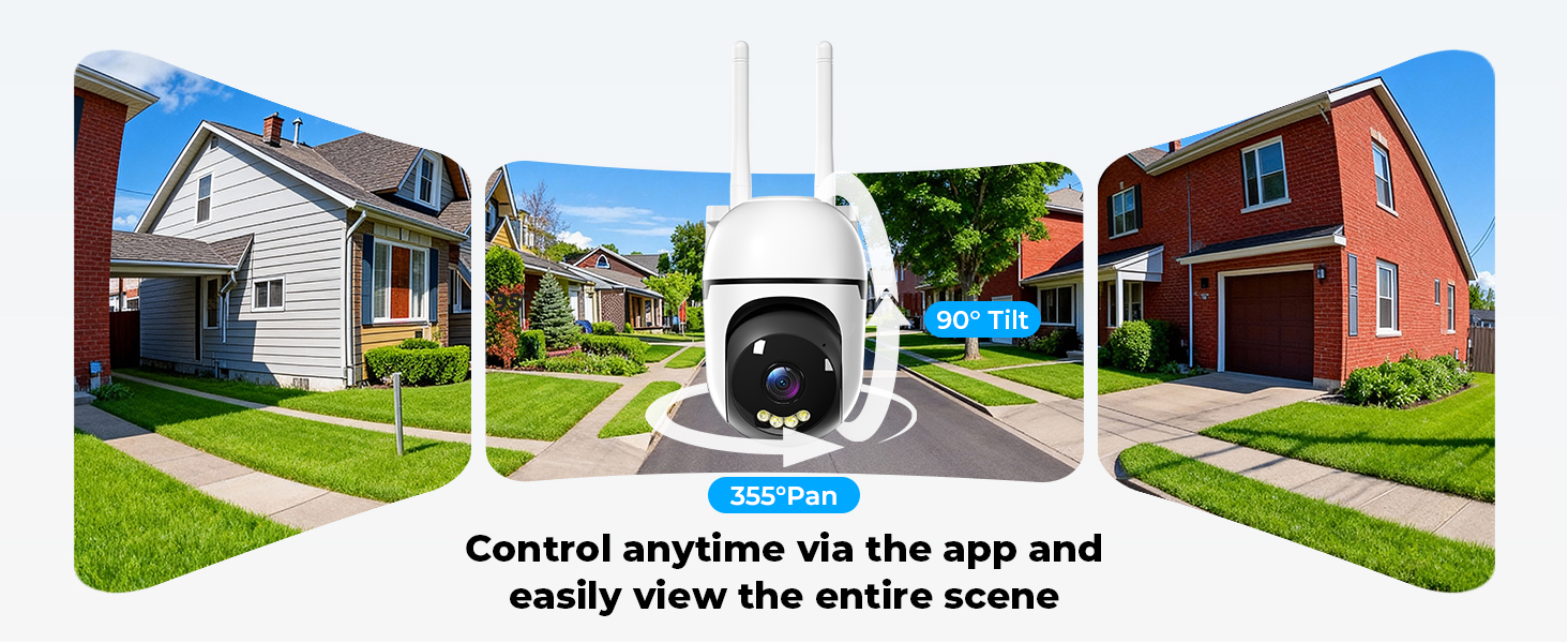 Text reads 'Control anytime via the app and easily view the camera scene'. Split-screen view of suburban homes with security camera interface overlay.