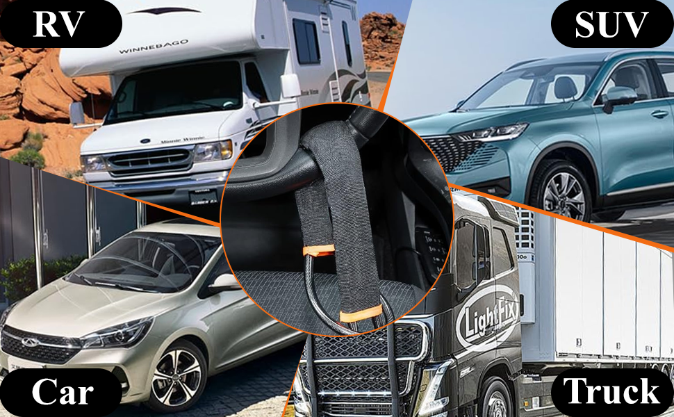 Text reads 'Reinforced steel cable high-security anti-theft'. Product image shows steel cable bike lock system with durability claims and security features highlighted with icons.