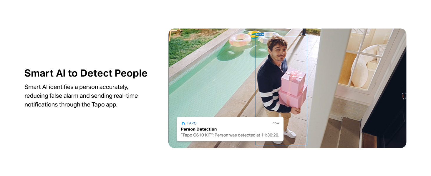 Text reads 'Smart AI to Detect People'. Images showing building interior scenes with technology interface overlays suggesting AI detection capabilities.