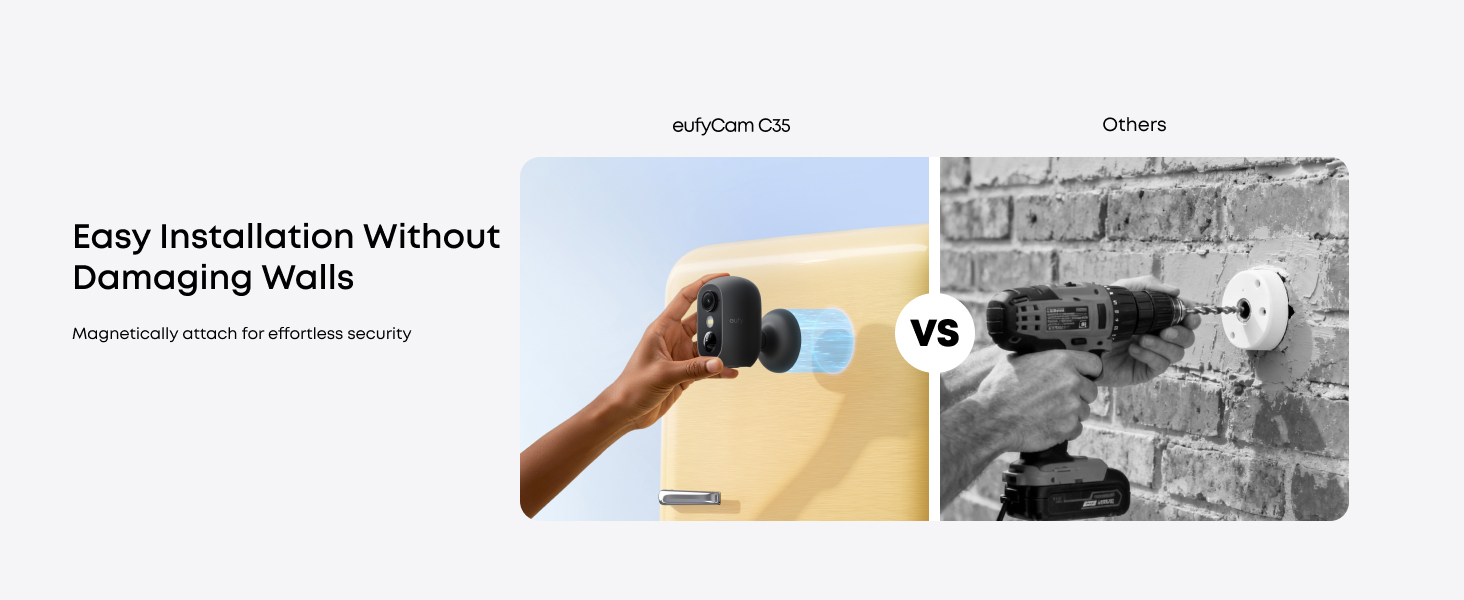 Text reads 'Easy Installation Without Damaging Walls'. Comparison image showing wall mounting methods with 'vs' between alternatives.