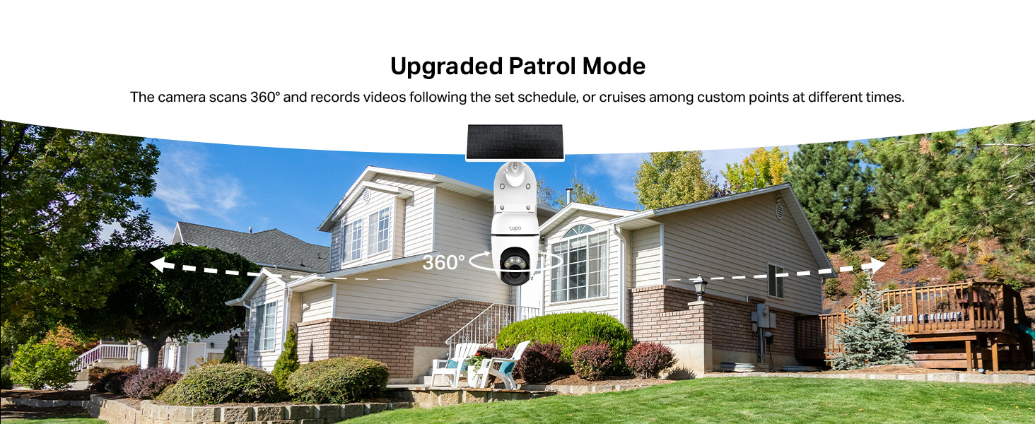 Text reads 'Ungraded Patrol Mode'. Exterior residential surveillance views showing house monitoring capabilities.