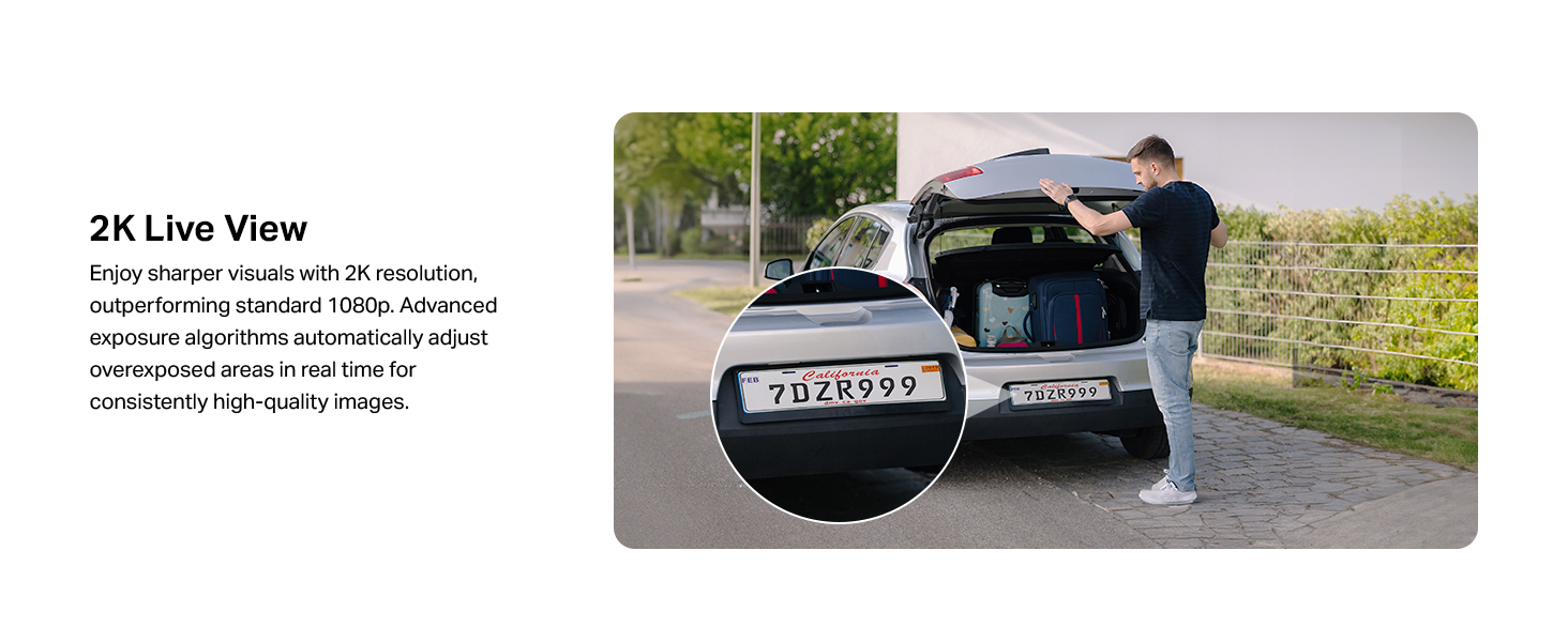 Text reads: '2K Live View'. Security camera footage comparison showing outdoor daytime scene with vehicle.