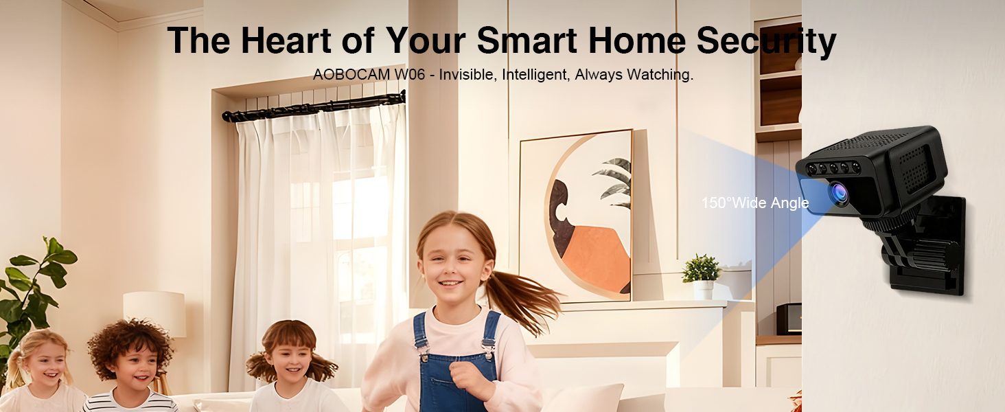 Text reads 'The Heart of Your Smart Home Security'. Interior room setting with wall-mounted security camera visible in corner.