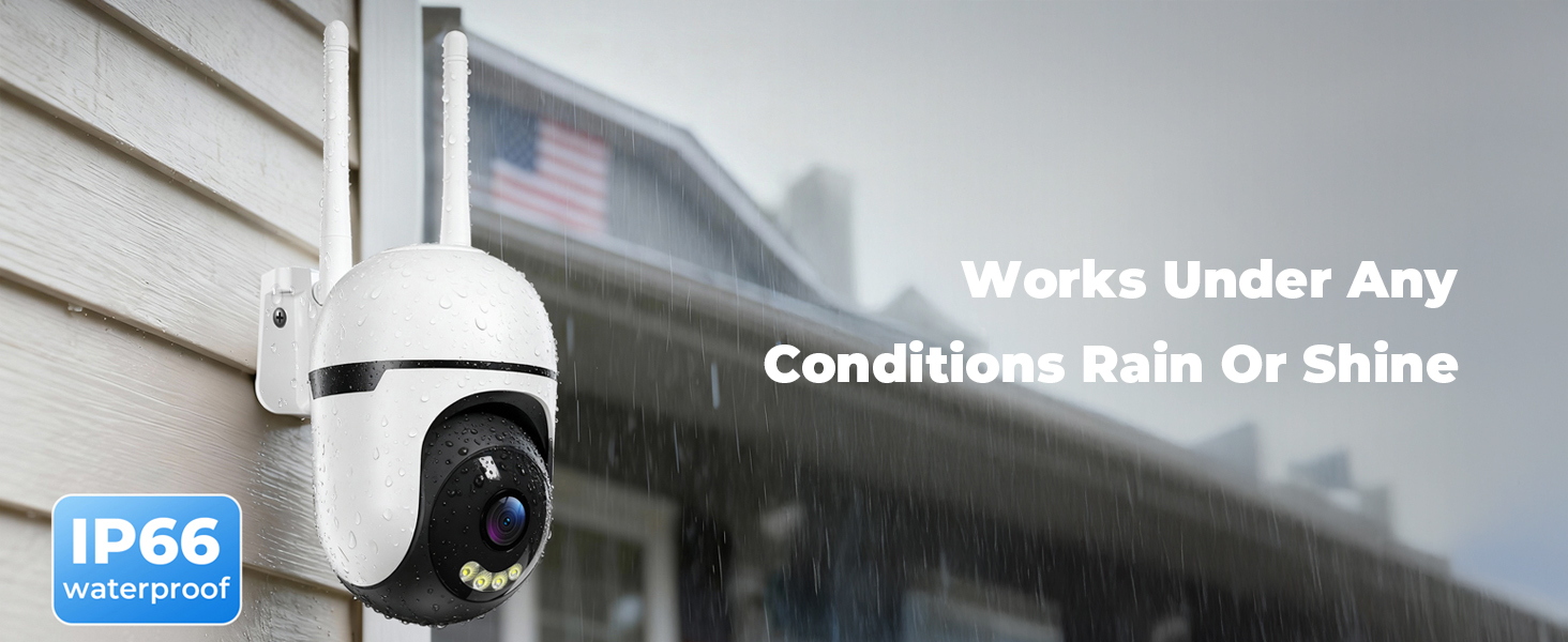 Text reads 'Works Under Any Conditions rain or shine', 'IP66'. Security camera installation shown in outdoor setting with weather resistance rating.