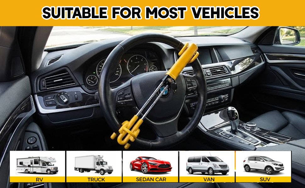 Text reads 'SUITABLE FOR MOST VEHICLES'. Multiple vehicle interior shots showing dashboard and center console areas, with small vehicle icons displayed below.