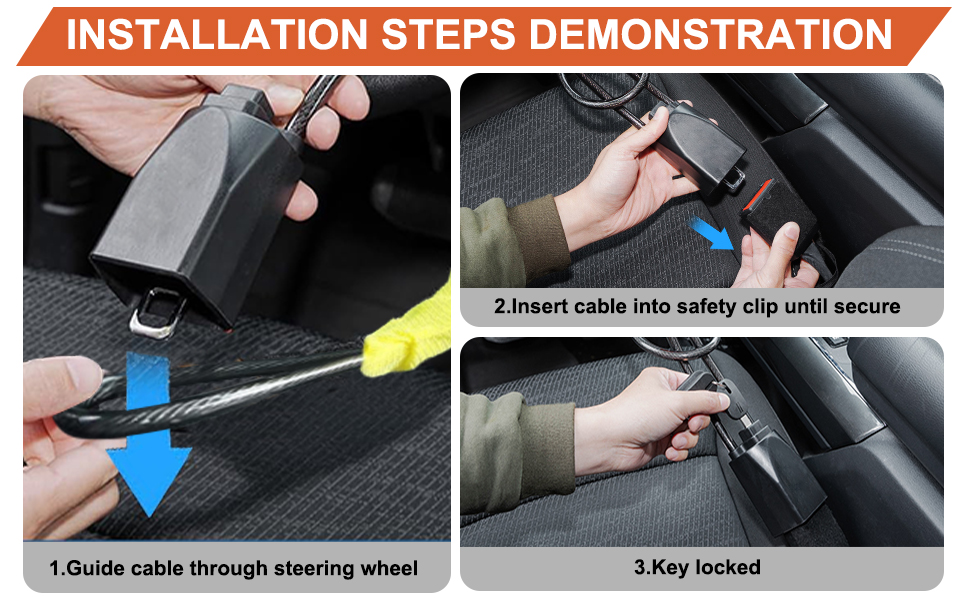Text reads 'INSTALLATION STEPS DEMONSTRATION'. Instructional sequence showing cable installation through steering wheel, with numbered steps and blue/yellow indicators.