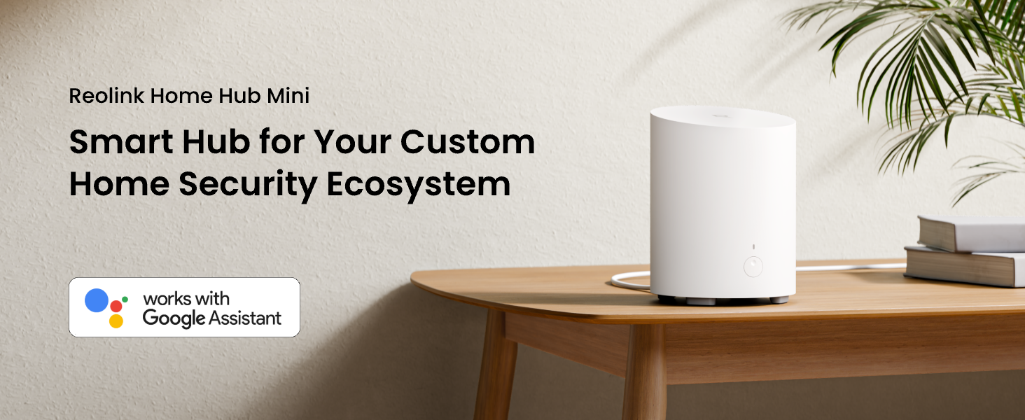 Text reads 'Smart Hub for Your Custom Home Security Ecosystem' with Google Assistant logo. White cylindrical hub device shown on wooden table with palm plant in background.