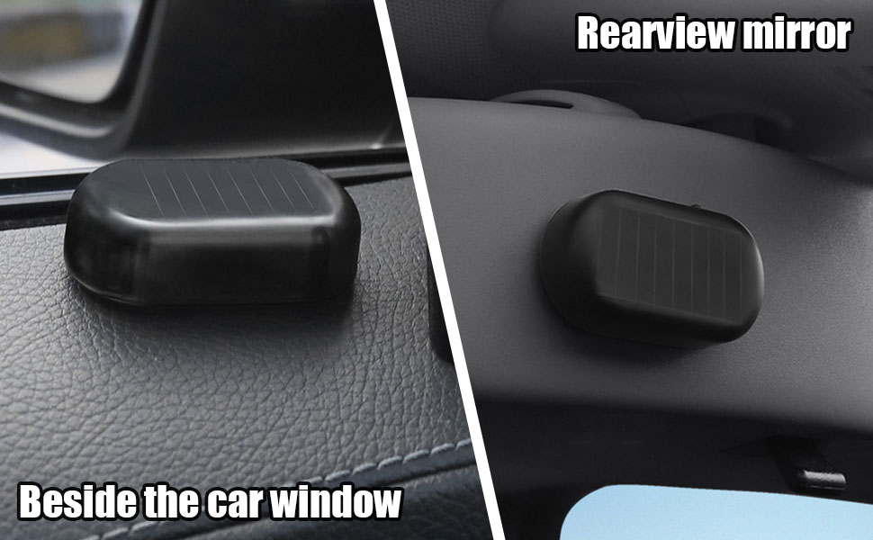 Text reads 'Rearview mirror' and 'Beside the car window'. Multiple views of car interior showing mounting locations and installation details.