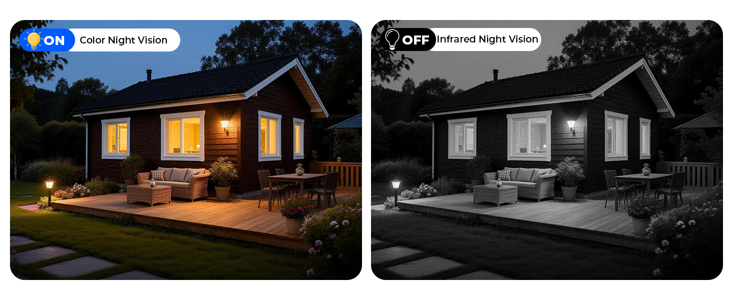 Security camera night vision demonstration showing same outdoor house view in normal lighting and infrared night mode, displaying surveillance capability.