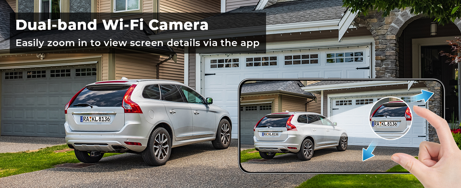 Text reads 'Dual-band Wi-Fi Camera'. Multiple views of a vehicle-mounted camera system showing installation and smartphone app interface.