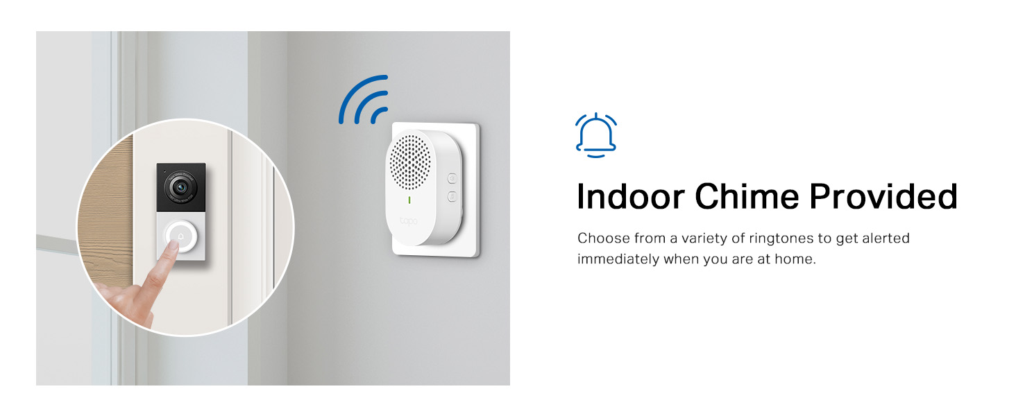Text reads 'Indoor Chime Provided'. Image shows wireless doorbell system with two components - a button unit and receiver unit with WiFi symbol.