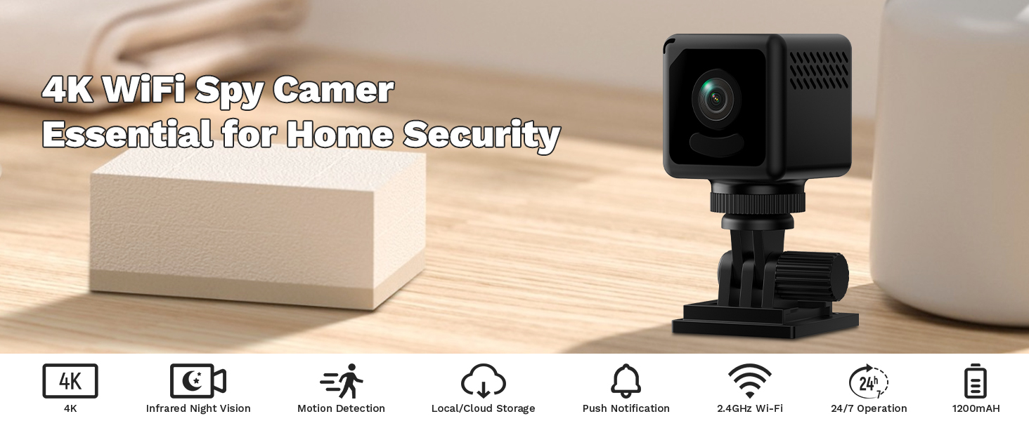 Text reads '4K WiFi Spy Camer' and 'Essential for Home Security'. Product showcase with icons indicating features like WiFi, cloud storage, and motion detection.