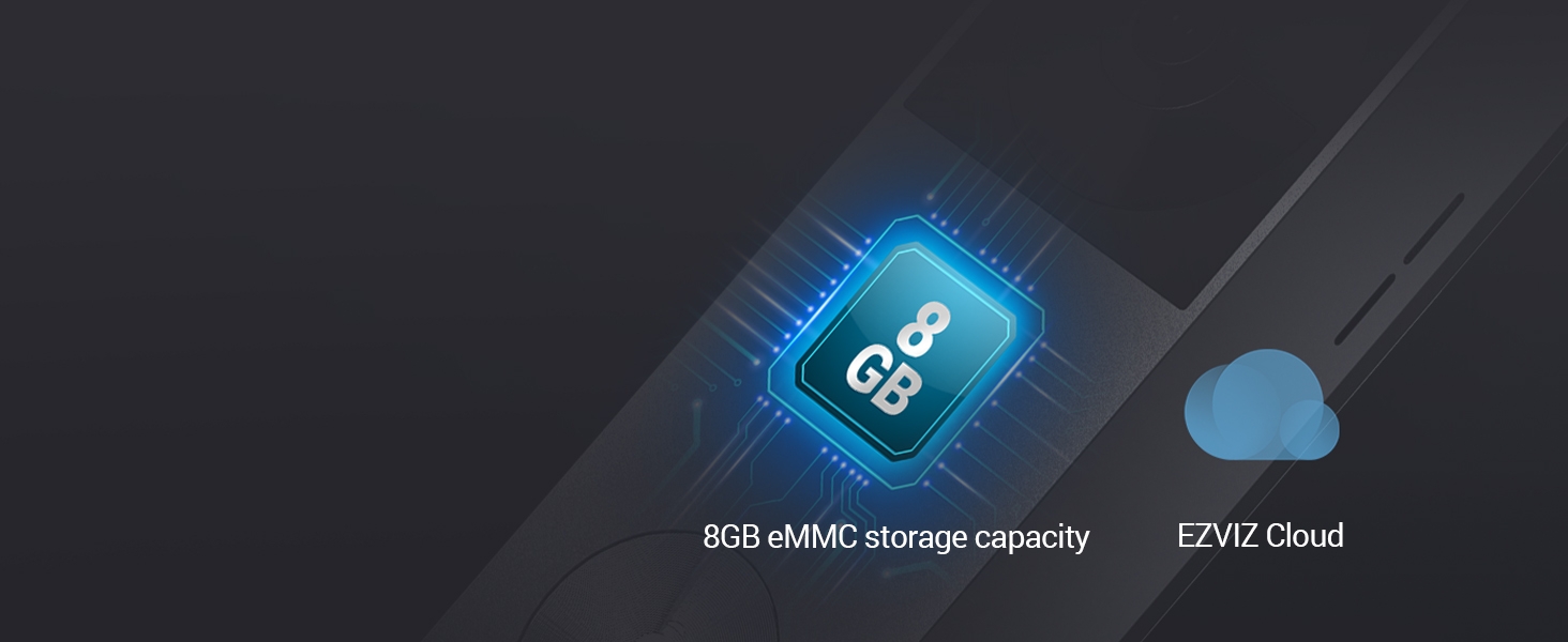 Digital chip illustration with '8GB' text, indicating 8GB eMMC storage capacity. 'EZVIZ Cloud' text visible, suggesting cloud storage feature.