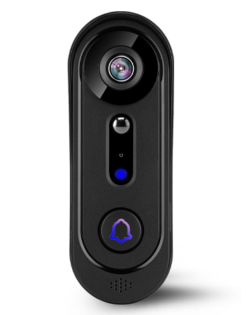 Smart home security setup showing black video doorbell camera and white wireless doorbell unit mounted on gray wall.